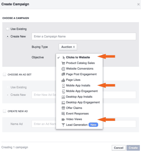 <p>Click +Create Campaign and choose an objective > Enter campaign name > Create an Adset and an Ad. For directing people to a website, choose Clicks to Website as an objective.</p>