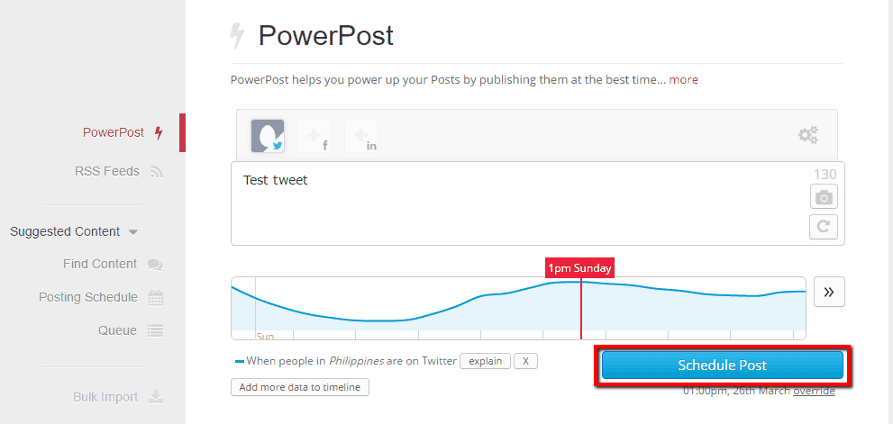 <p>Enter your tweet and click Schedule Post.</p>